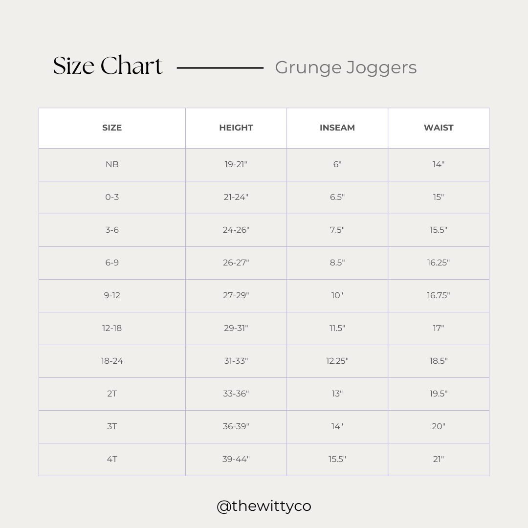 Grunge Joggers Size Chart